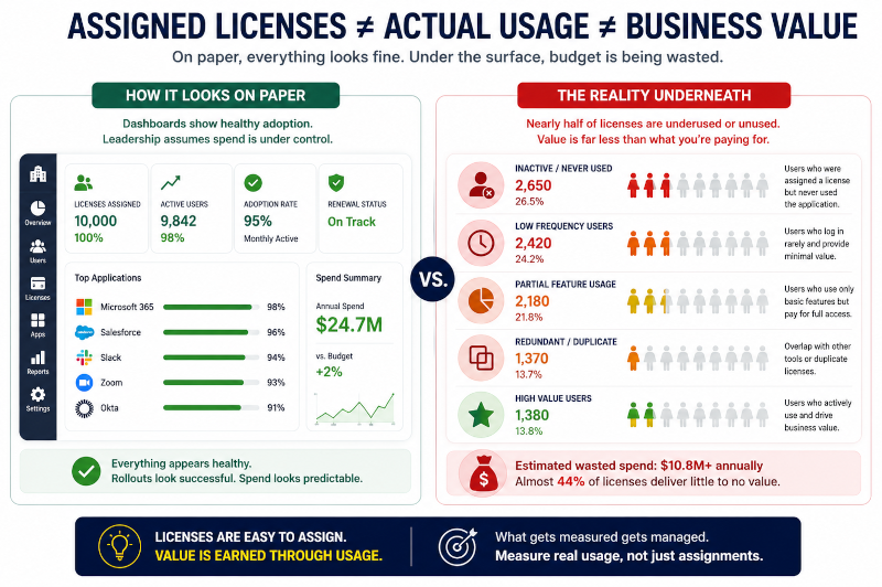 assigned licenses actual use business value